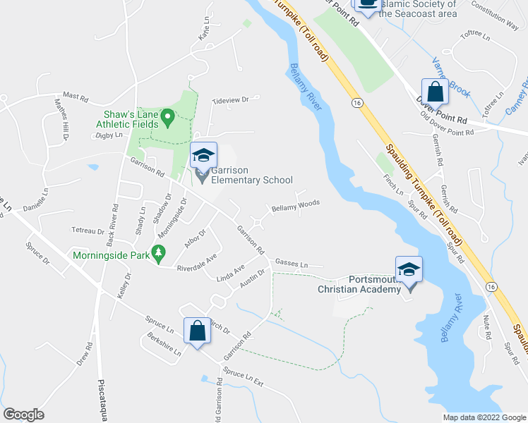 map of restaurants, bars, coffee shops, grocery stores, and more near 1 Greenfield Drive in Dover