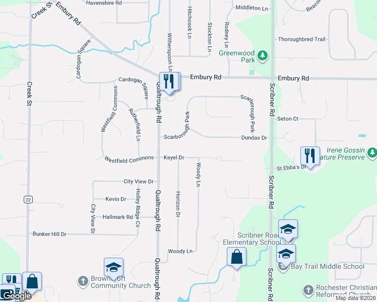 map of restaurants, bars, coffee shops, grocery stores, and more near 3 Woody Lane in Rochester