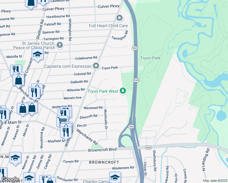 map of restaurants, bars, coffee shops, grocery stores, and more near 62 Edmonton Road in Rochester