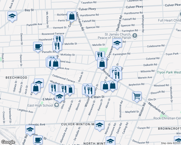 map of restaurants, bars, coffee shops, grocery stores, and more near 56 Schanck Avenue in Rochester