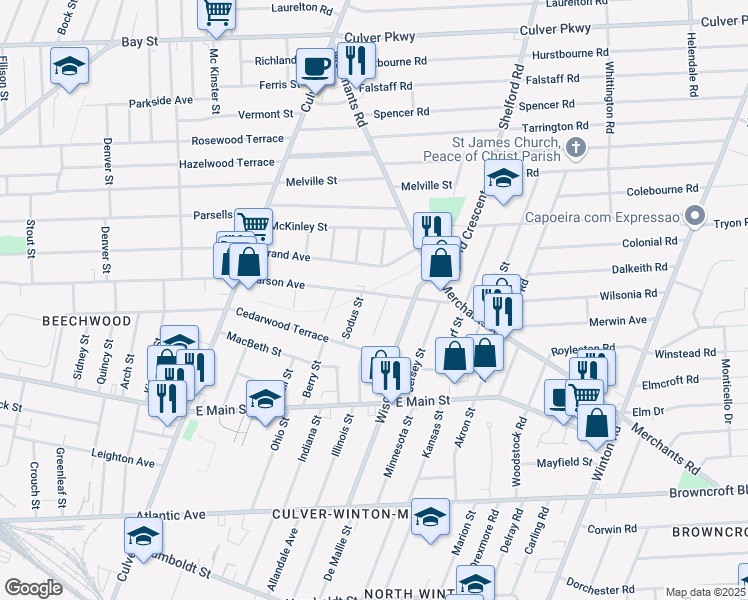 map of restaurants, bars, coffee shops, grocery stores, and more near 56 Schanck Avenue in Rochester
