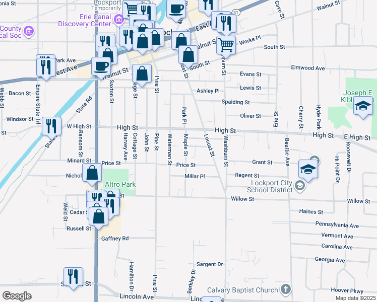 map of restaurants, bars, coffee shops, grocery stores, and more near 216 Price Street in Lockport