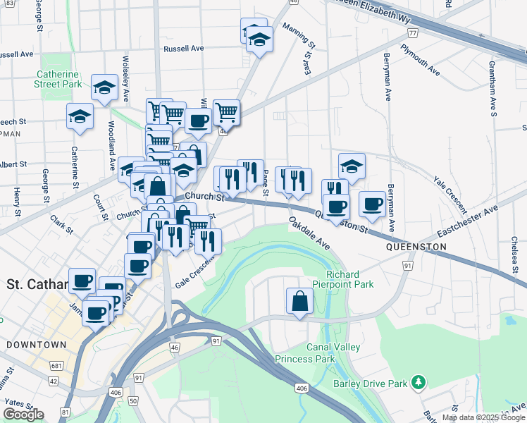 map of restaurants, bars, coffee shops, grocery stores, and more near in St. Catharines