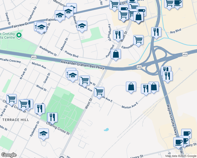 map of restaurants, bars, coffee shops, grocery stores, and more near in Brantford