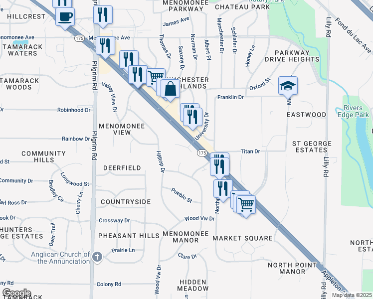 map of restaurants, bars, coffee shops, grocery stores, and more near W150N7982 Menomonee Manor Court in Menomonee Falls