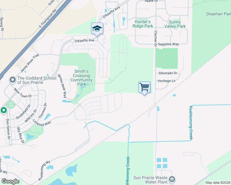 map of restaurants, bars, coffee shops, grocery stores, and more near 2092 Italianate Drive in Sun Prairie