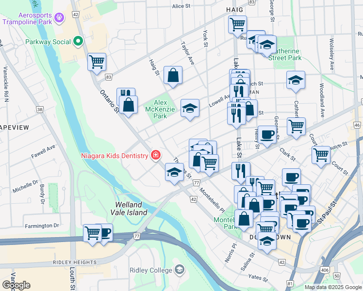 map of restaurants, bars, coffee shops, grocery stores, and more near 6 Albert Street in St. Catharines