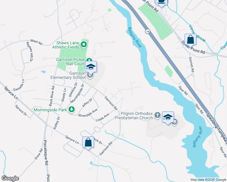 map of restaurants, bars, coffee shops, grocery stores, and more near 3 Greenfield Drive in Dover