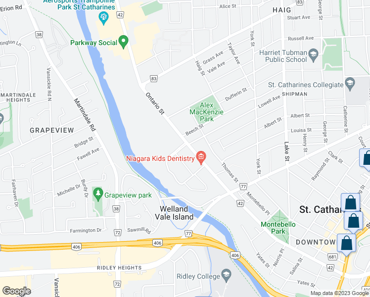 map of restaurants, bars, coffee shops, grocery stores, and more near 223 Ontario Street in Saint Catharines