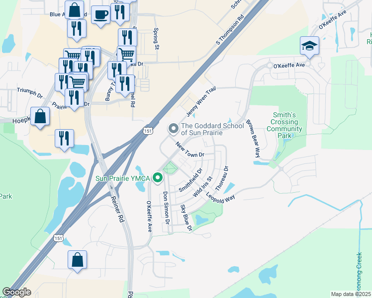 map of restaurants, bars, coffee shops, grocery stores, and more near 2597 New Town Drive in Sun Prairie