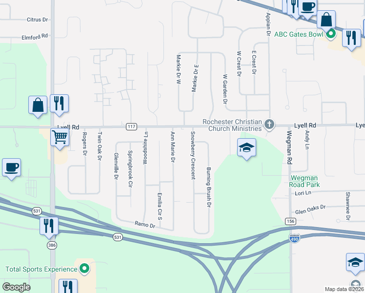 map of restaurants, bars, coffee shops, grocery stores, and more near 3399 Lyell Road in Rochester