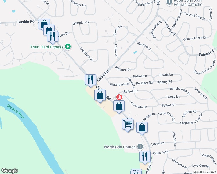 map of restaurants, bars, coffee shops, grocery stores, and more near 8136 Mesa Lane in Liverpool