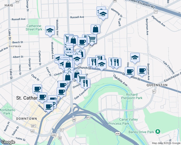 map of restaurants, bars, coffee shops, grocery stores, and more near 65 Queenston Street in Saint Catharines
