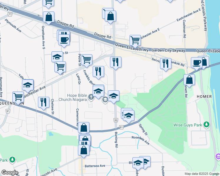 map of restaurants, bars, coffee shops, grocery stores, and more near 10 Robertson Place in Saint Catharines