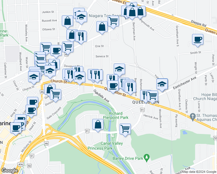map of restaurants, bars, coffee shops, grocery stores, and more near 25 Vine Street South in St. Catharines