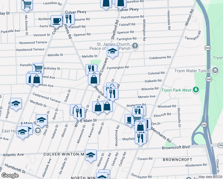 map of restaurants, bars, coffee shops, grocery stores, and more near 69 Presque Street in Rochester