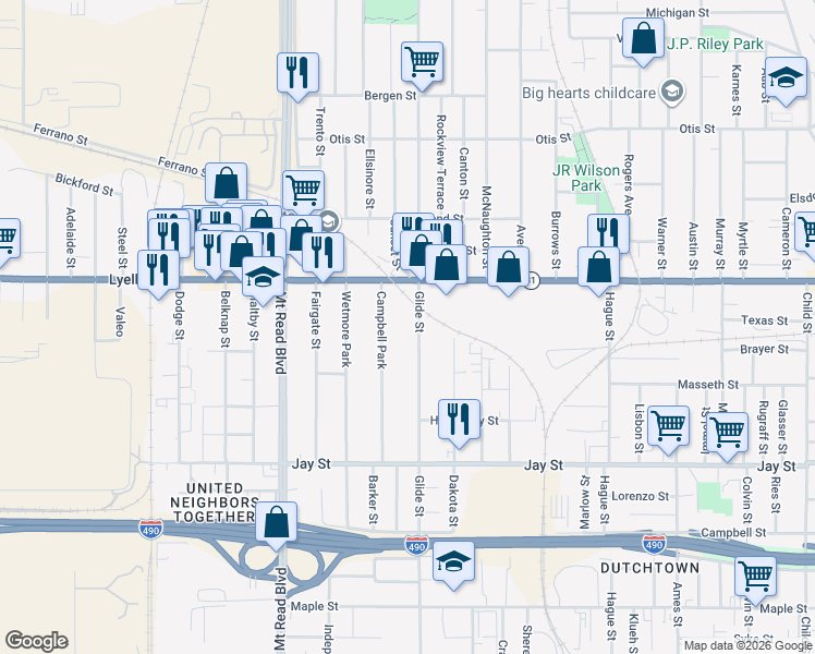 map of restaurants, bars, coffee shops, grocery stores, and more near 214 Campbell Park in Rochester