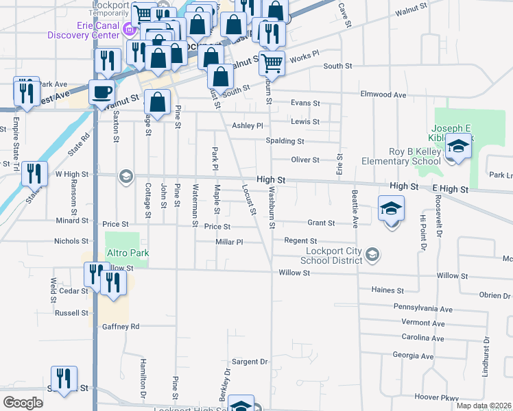 map of restaurants, bars, coffee shops, grocery stores, and more near 247 Locust Street in Lockport