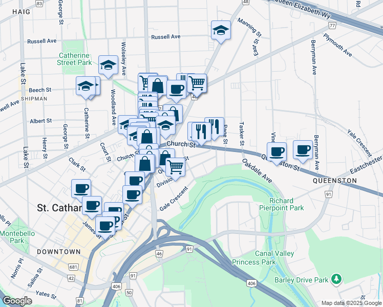 map of restaurants, bars, coffee shops, grocery stores, and more near 201 Church Street in St. Catharines