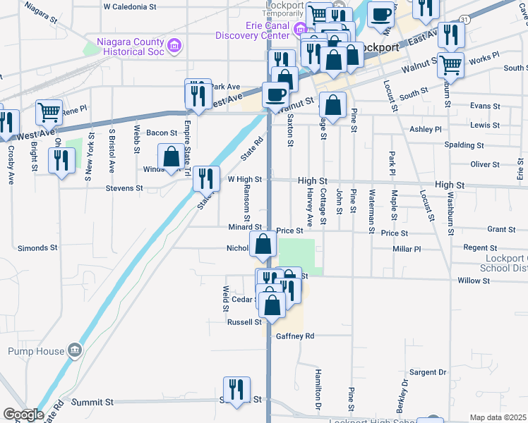 map of restaurants, bars, coffee shops, grocery stores, and more near 125 South Transit Street in Lockport