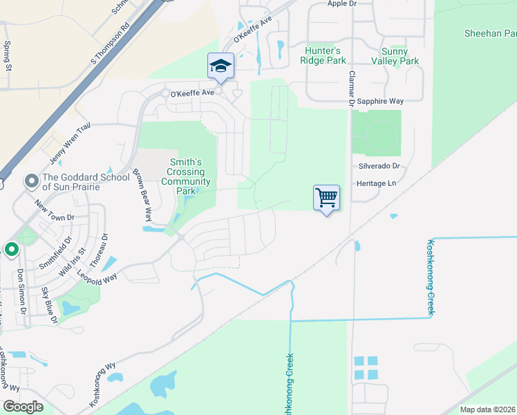 map of restaurants, bars, coffee shops, grocery stores, and more near 2092 Italianate Drive in Sun Prairie