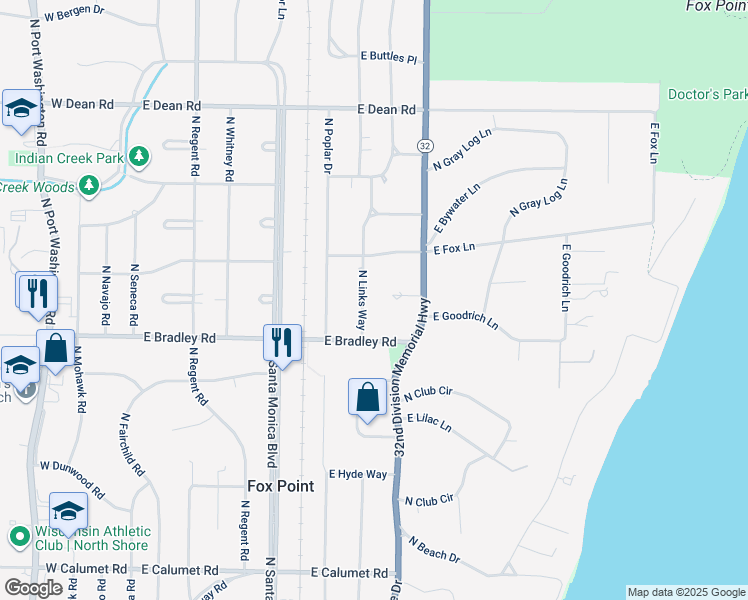 map of restaurants, bars, coffee shops, grocery stores, and more near 8041 North Links Way in Fox Point