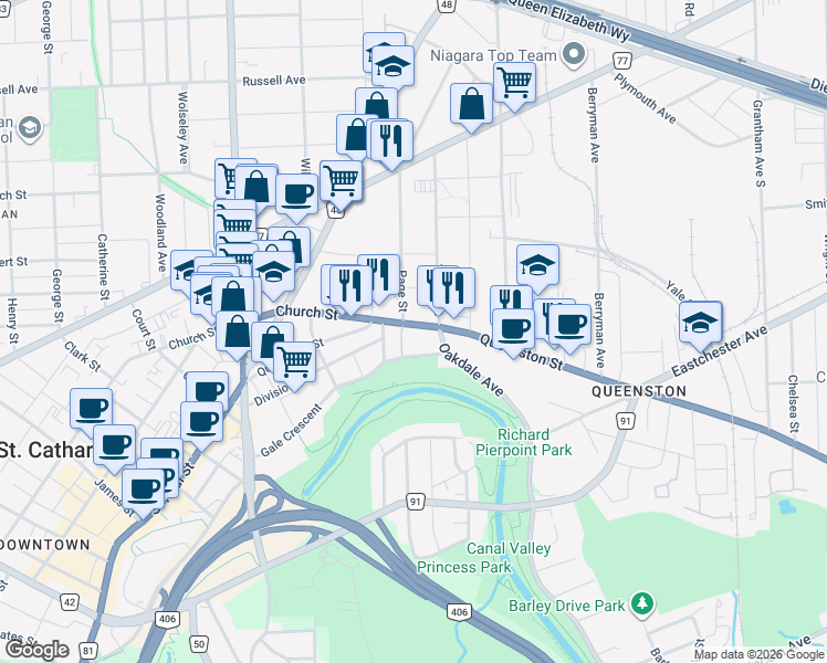 map of restaurants, bars, coffee shops, grocery stores, and more near 108 Queenston Street in St. Catharines