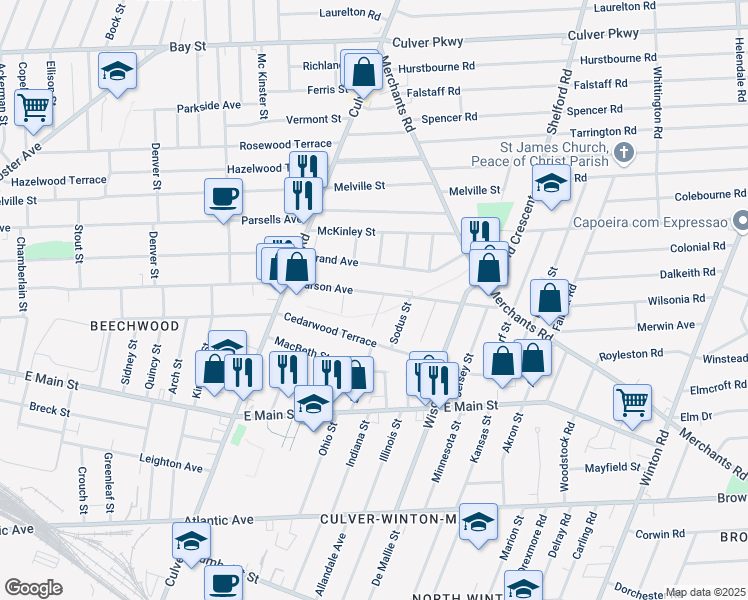 map of restaurants, bars, coffee shops, grocery stores, and more near 966 Garson Avenue in Rochester