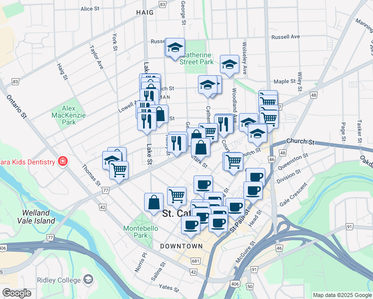 map of restaurants, bars, coffee shops, grocery stores, and more near 103 Welland Avenue in Saint Catharines