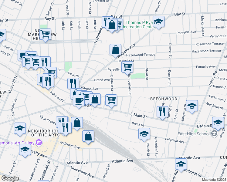 map of restaurants, bars, coffee shops, grocery stores, and more near 380 Garson Avenue in Rochester