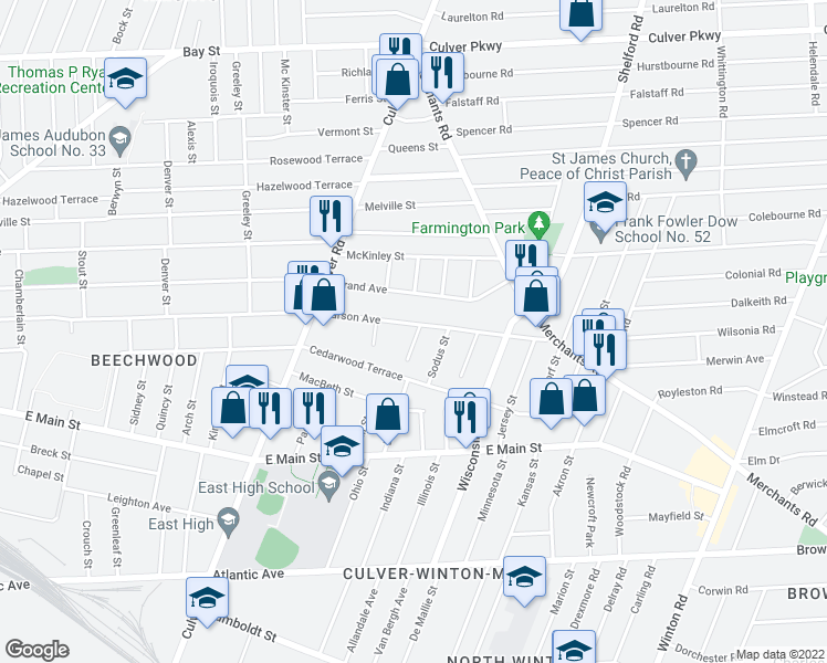 map of restaurants, bars, coffee shops, grocery stores, and more near 17 Alvord Street in Rochester