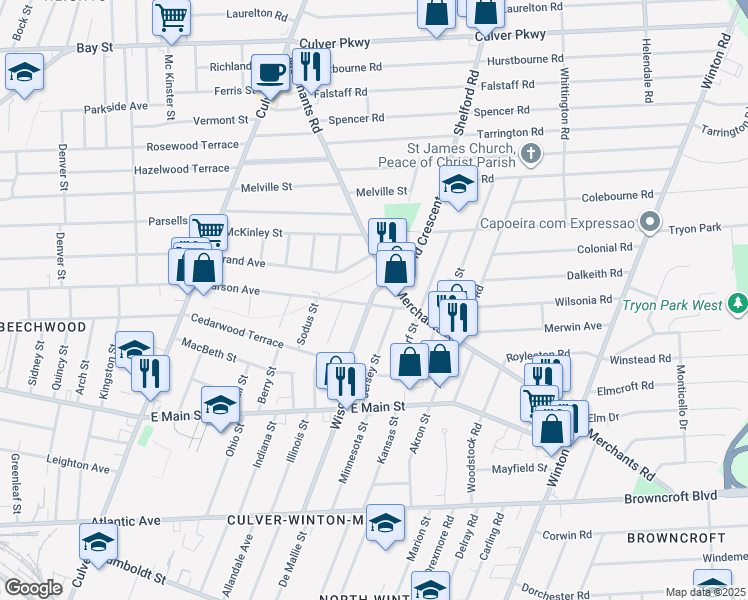 map of restaurants, bars, coffee shops, grocery stores, and more near 344 Wisconsin Street in Rochester