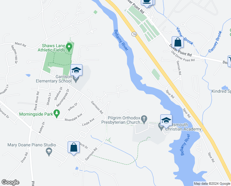 map of restaurants, bars, coffee shops, grocery stores, and more near 54 Bellamy Woods in Dover