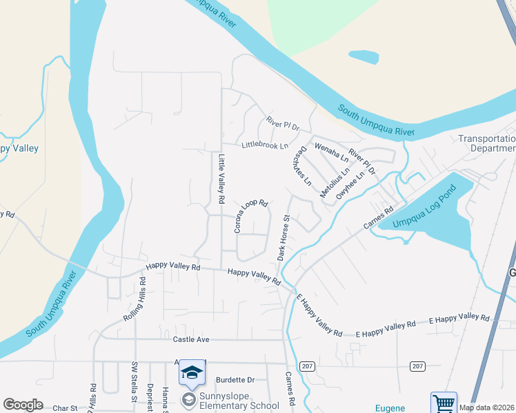 map of restaurants, bars, coffee shops, grocery stores, and more near 405 Corona Loop Road in Roseburg