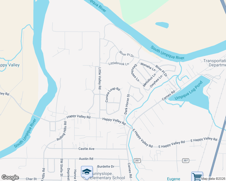 map of restaurants, bars, coffee shops, grocery stores, and more near 131 Laguna Court in Roseburg