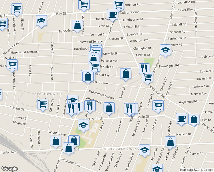 map of restaurants, bars, coffee shops, grocery stores, and more near 914 Garson Avenue in Rochester