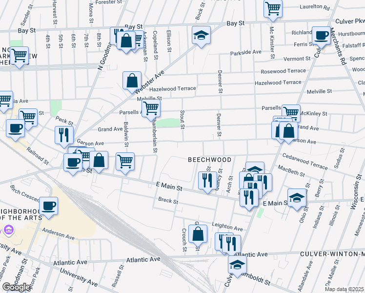 map of restaurants, bars, coffee shops, grocery stores, and more near 542 Garson Avenue in Rochester