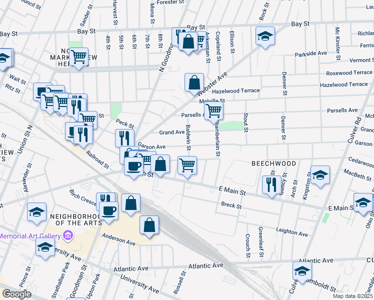 map of restaurants, bars, coffee shops, grocery stores, and more near 332 Garson Avenue in Rochester