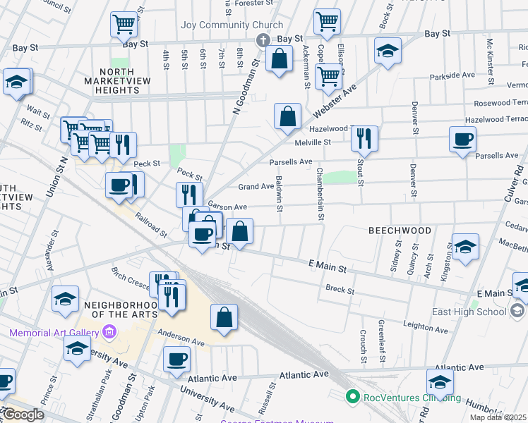 map of restaurants, bars, coffee shops, grocery stores, and more near 332 Garson Avenue in Rochester