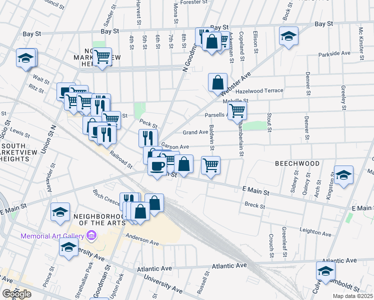 map of restaurants, bars, coffee shops, grocery stores, and more near 274 Garson Avenue in Rochester