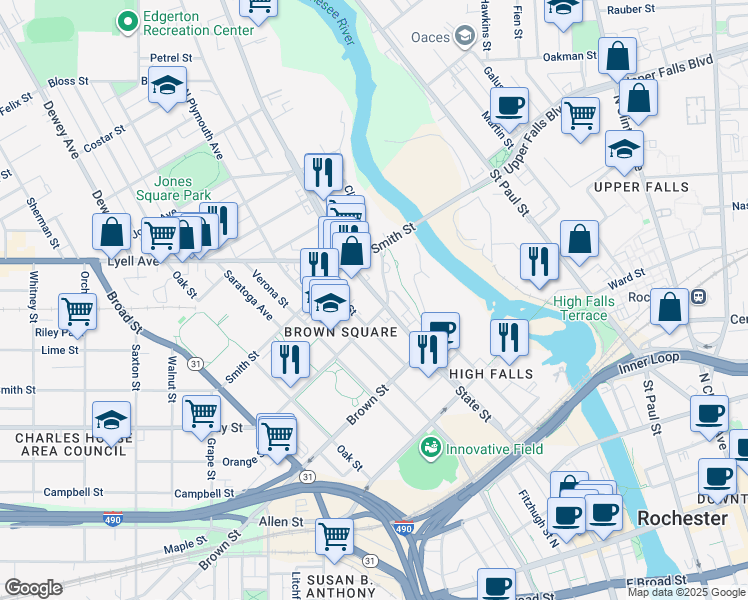 map of restaurants, bars, coffee shops, grocery stores, and more near 514 State Street in Rochester