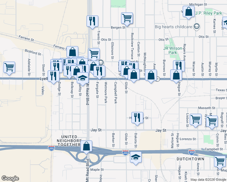 map of restaurants, bars, coffee shops, grocery stores, and more near 218 Wetmore Park in Rochester