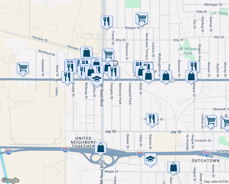 map of restaurants, bars, coffee shops, grocery stores, and more near 222 Fairgate Street in Rochester