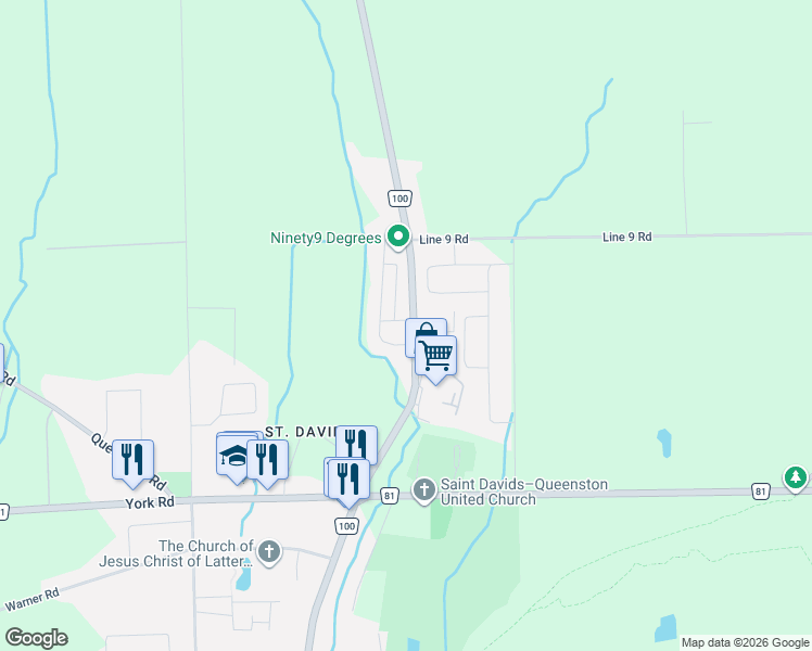 map of restaurants, bars, coffee shops, grocery stores, and more near 16 Mills Lane in Niagara-on-the-Lake