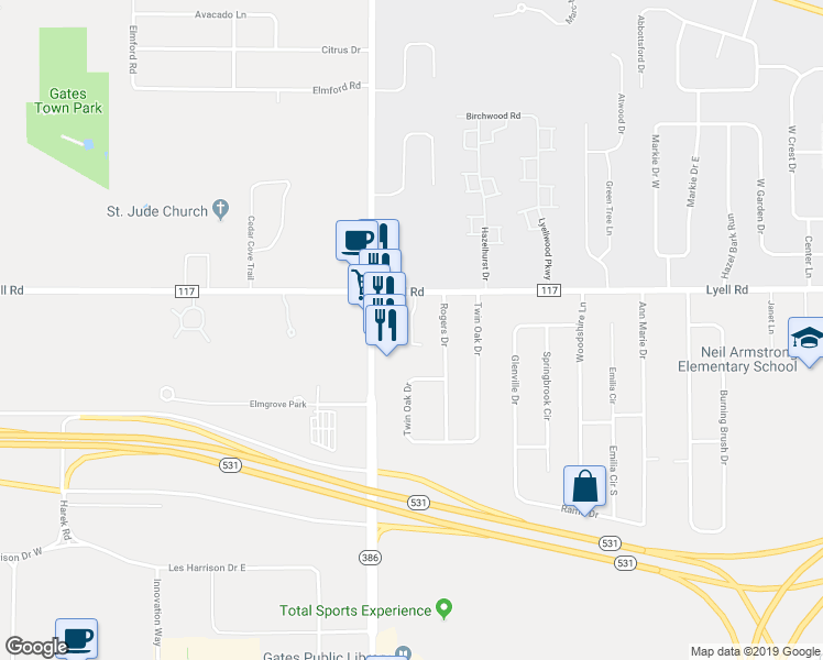 map of restaurants, bars, coffee shops, grocery stores, and more near 3823 Lyell Road in Rochester