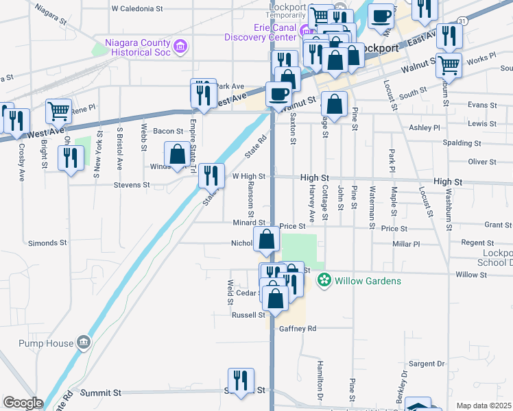 map of restaurants, bars, coffee shops, grocery stores, and more near 125 South Transit Street in Lockport