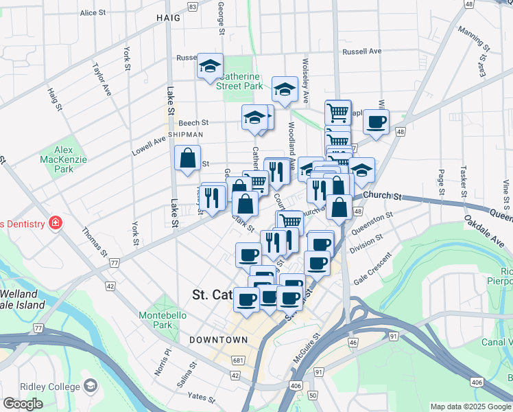 map of restaurants, bars, coffee shops, grocery stores, and more near 120 Welland Avenue in St. Catharines