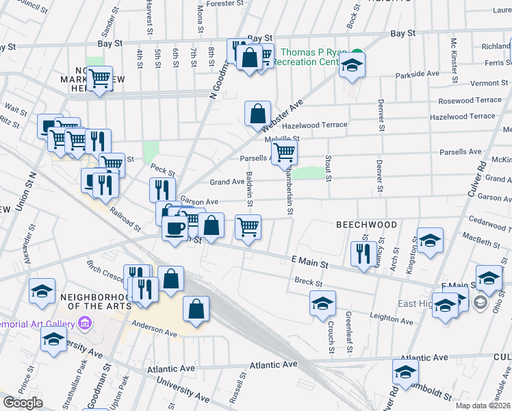 map of restaurants, bars, coffee shops, grocery stores, and more near 380 Garson Avenue in Rochester
