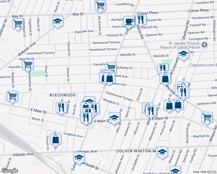 map of restaurants, bars, coffee shops, grocery stores, and more near 1040 Culver Road in Rochester