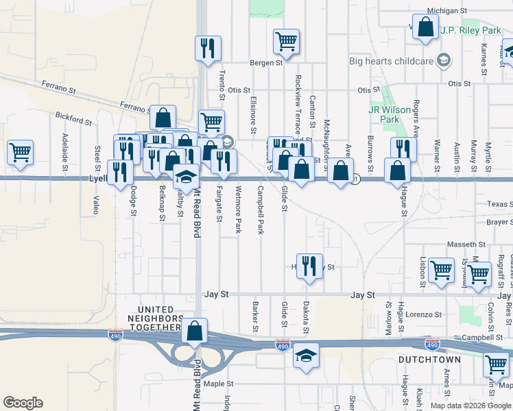 map of restaurants, bars, coffee shops, grocery stores, and more near 218 Wetmore Park in Rochester